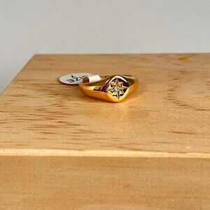 Gold Starburst Star Signet Ring Minimalist Stainless Steel